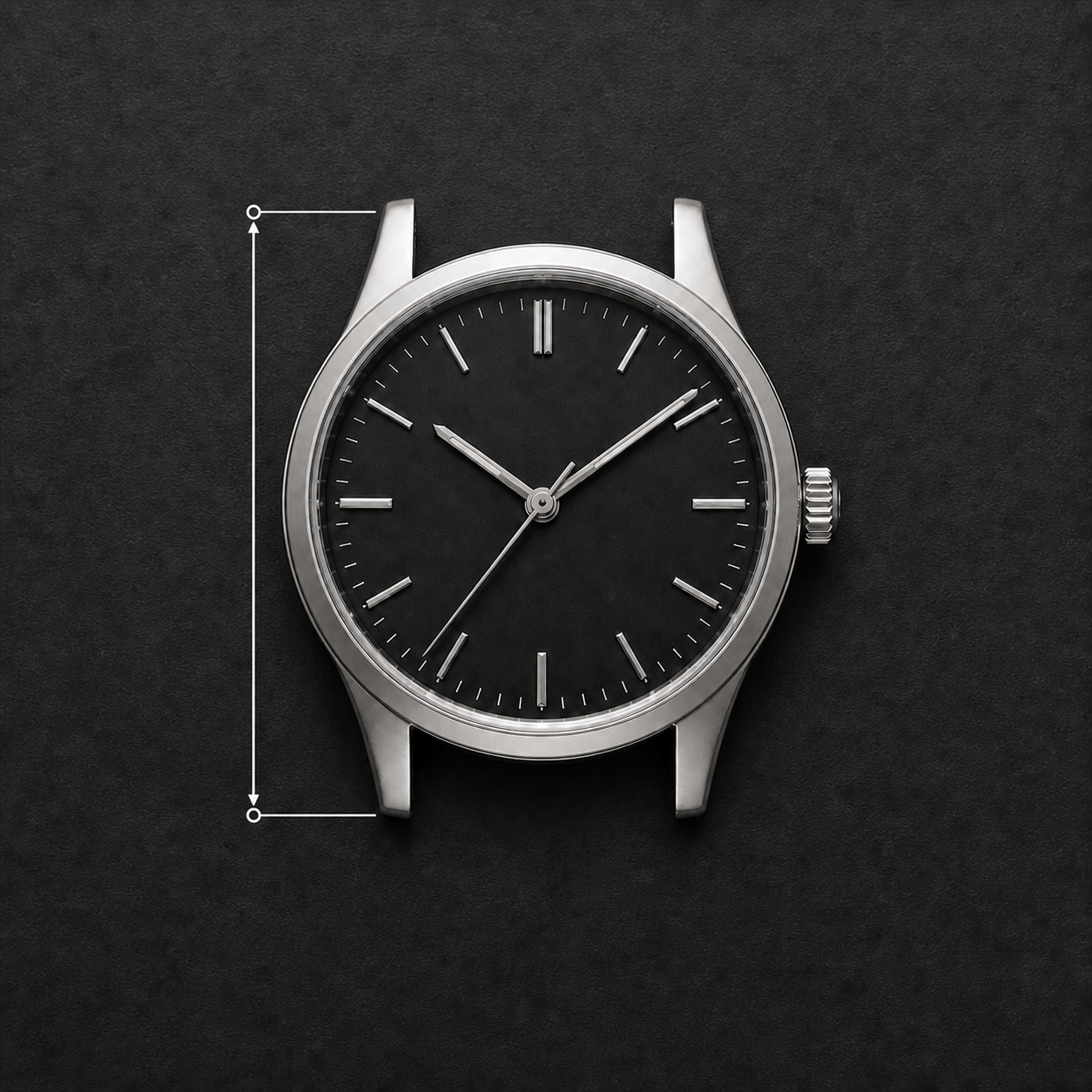 Unbranded steel watch with a vertical measurement line spanning the upper and lower lug tips
