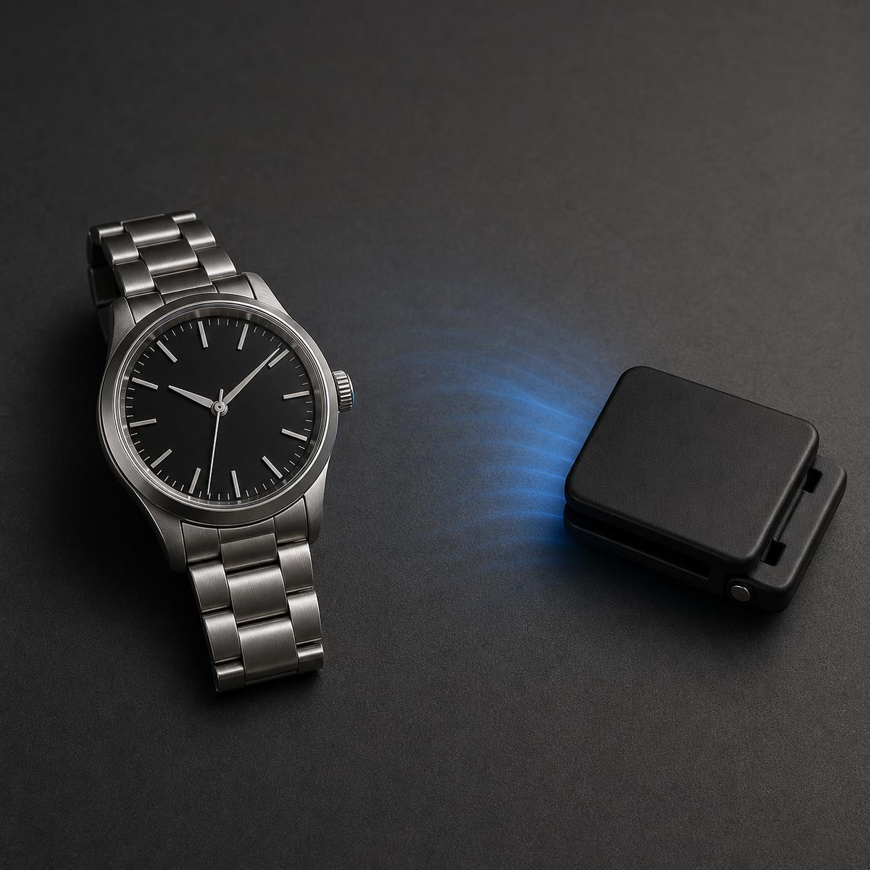 Unbranded mechanical watch beside a small magnetic accessory with a blue editorial glow between them