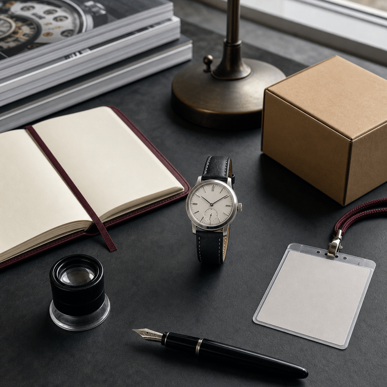Unbranded mechanical watch beside an editorial notebook, press badge, loupe, pen, and retail box