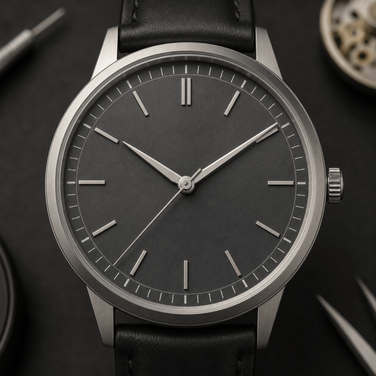 Unbranded three-hand watch with its minute hand reaching the outer minute track
