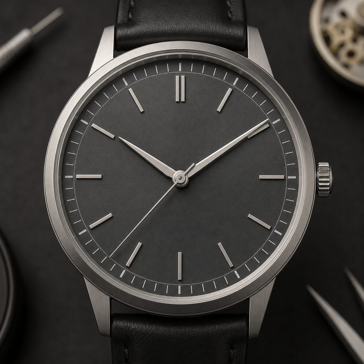 Unbranded three-hand watch with its minute hand reaching the outer minute track