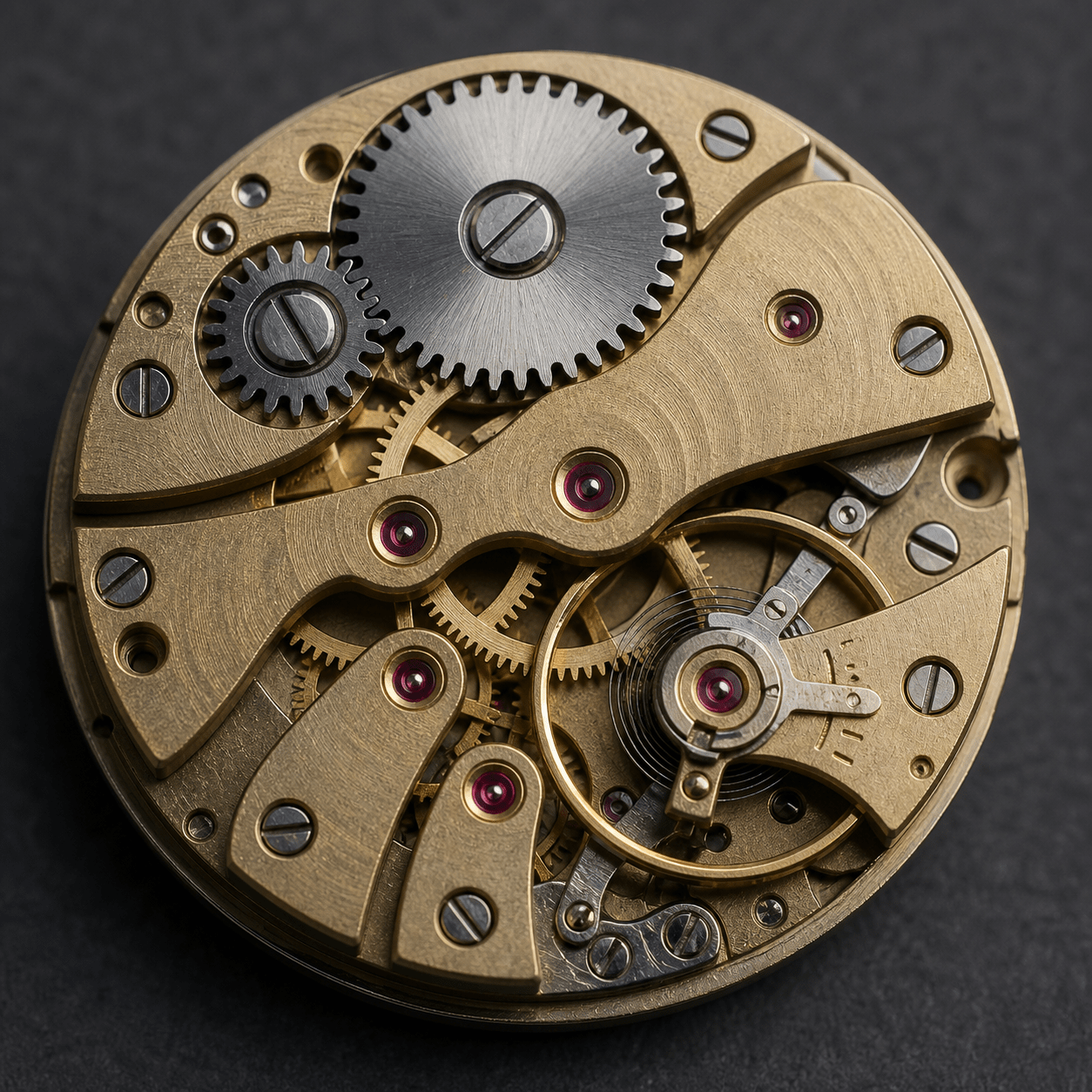Red synthetic jewel bearings seated in an unbranded mechanical watch movement
