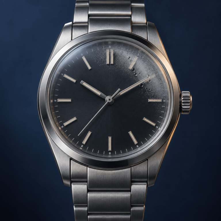 Unbranded steel watch with light mist and droplets visible beneath part of the crystal