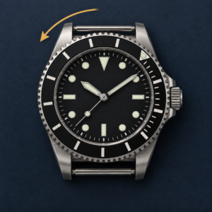 Unbranded black dive watch with its bezel marker aligned to the minute hand and an arrow showing counterclockwise rotation