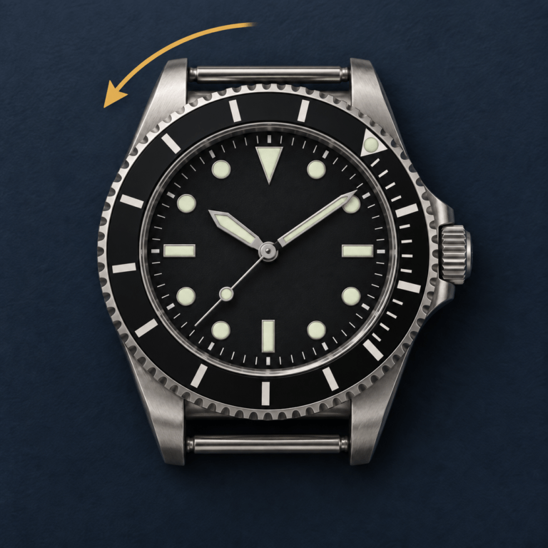 Unbranded black dive watch with its bezel marker aligned to the minute hand and an arrow showing counterclockwise rotation
