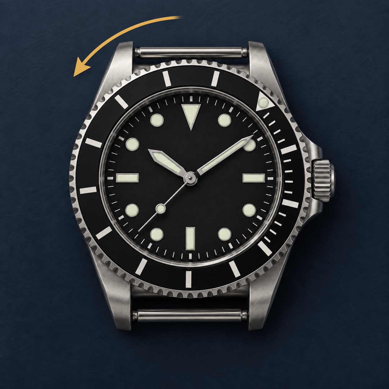 Unbranded black dive watch with its bezel marker aligned to the minute hand and an arrow showing counterclockwise rotation