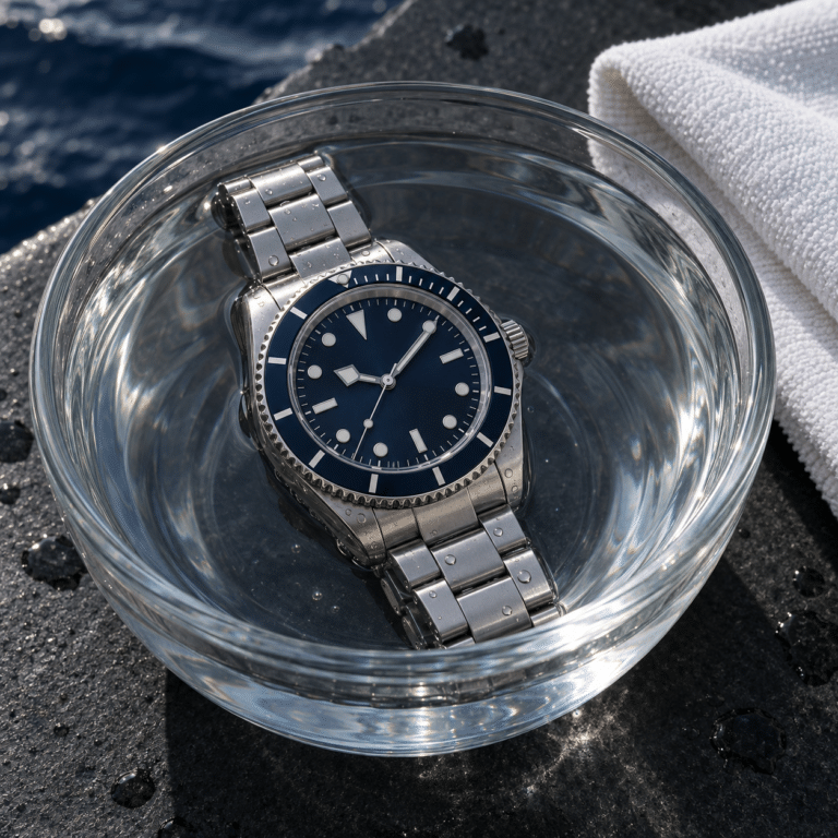 Unbranded steel dive-style watch resting in a bowl of clean fresh water beside a drying cloth