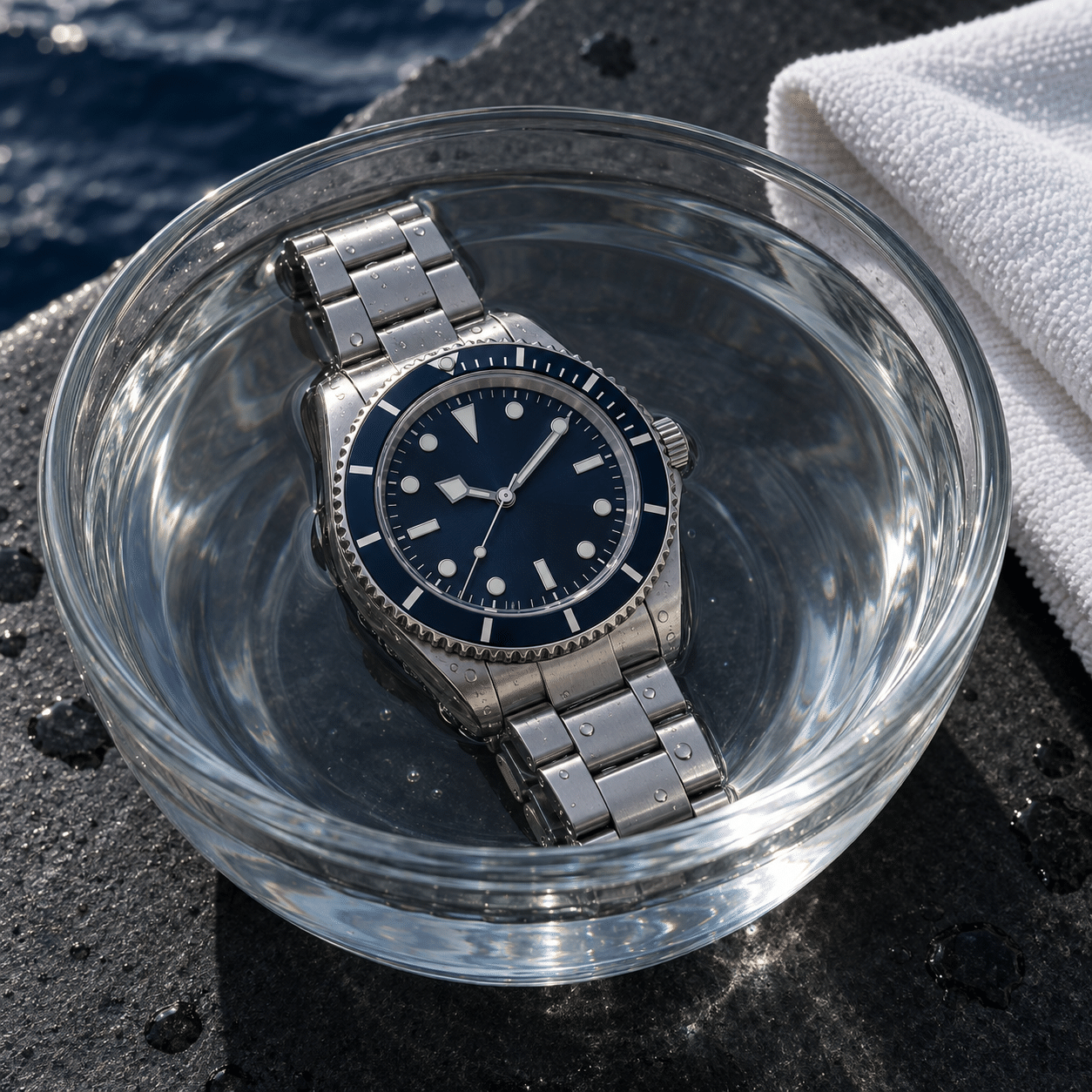 Unbranded steel dive-style watch resting in a bowl of clean fresh water beside a drying cloth