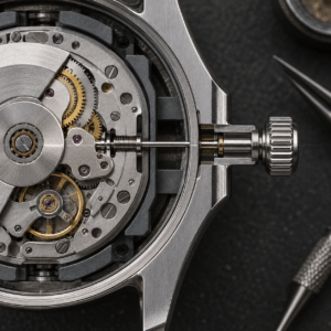 Editorial cutaway of a mechanical watch movement with its setting stem aligned to the case crown tube