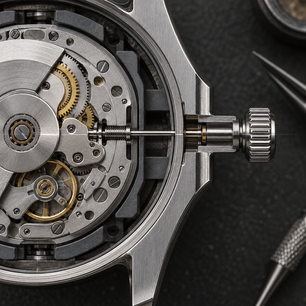 Editorial cutaway of a mechanical watch movement with its setting stem aligned to the case crown tube