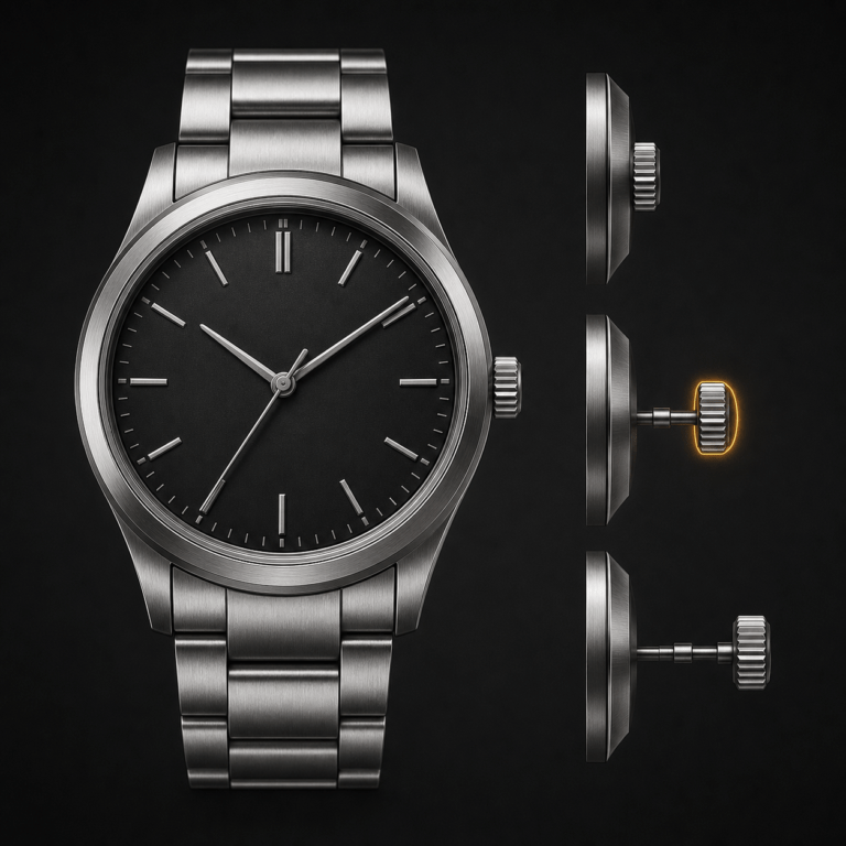 No-date watch beside three crown positions with the unused middle position highlighted