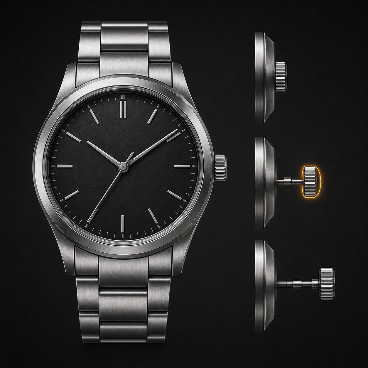 No-date watch beside three crown positions with the unused middle position highlighted
