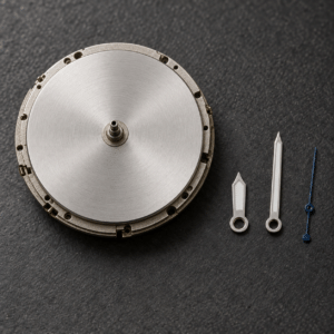 Three loose watch hands with different center openings beside the dial side of an unbranded watch movement