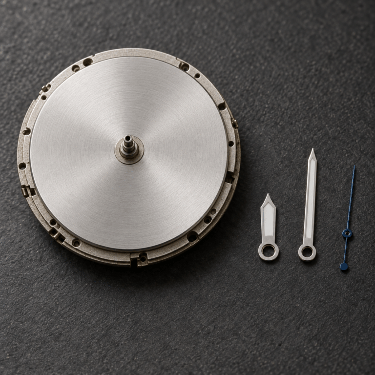 Three loose watch hands with different center openings beside the dial side of an unbranded watch movement