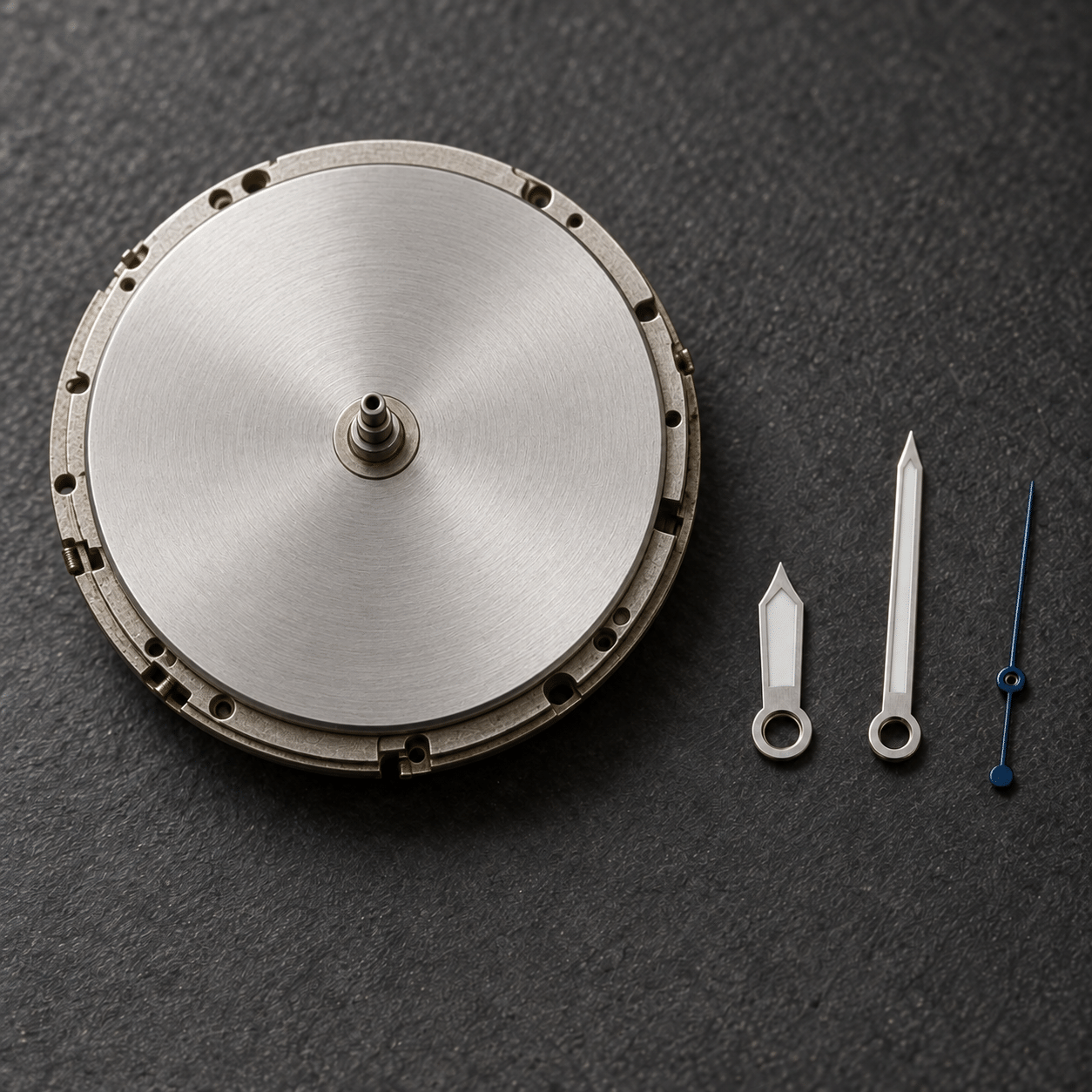 Three loose watch hands with different center openings beside the dial side of an unbranded watch movement