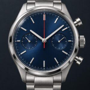 Editorial illustration of a blue-dial chronograph with two small subdials and a red central hand pointing at twelve