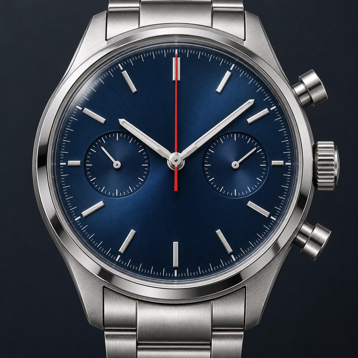 Editorial illustration of a blue-dial chronograph with two small subdials and a red central hand pointing at twelve