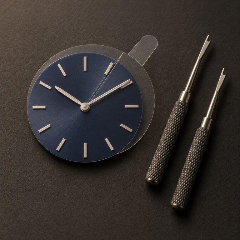 Editorial illustration of a blue watch dial with a clear slotted protector beneath two silver hands, beside two hand-removal tools