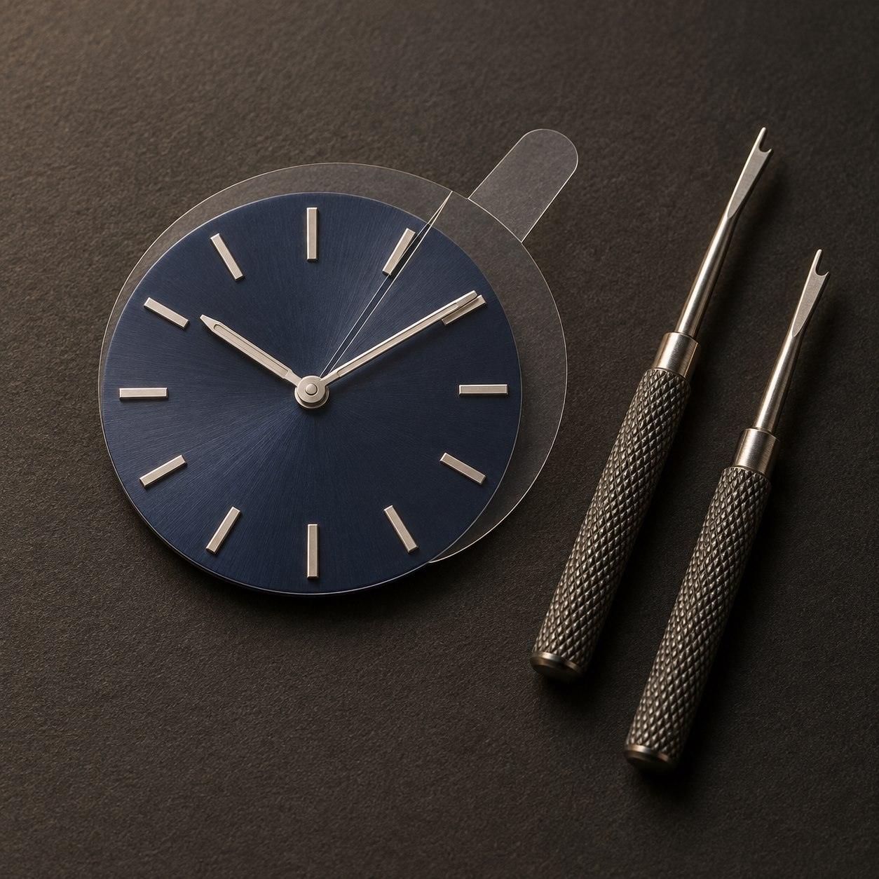 Editorial illustration of a blue watch dial with a clear slotted protector beneath two silver hands, beside two hand-removal tools