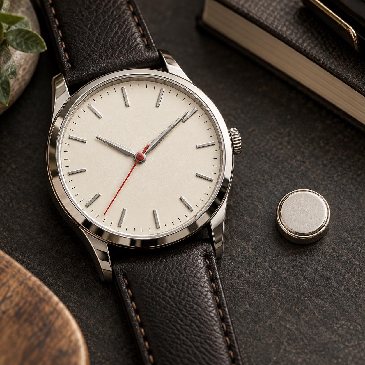 Editorial illustration of an unbranded analogue watch with an ivory dial and red seconds hand beside a silver button battery