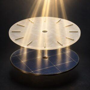 Concept illustration of light passing through a translucent ivory watch dial to a dark circular solar cell beneath it