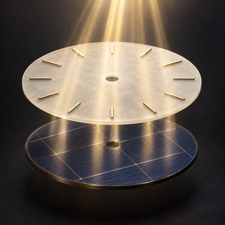 Concept illustration of light passing through a translucent ivory watch dial to a dark circular solar cell beneath it