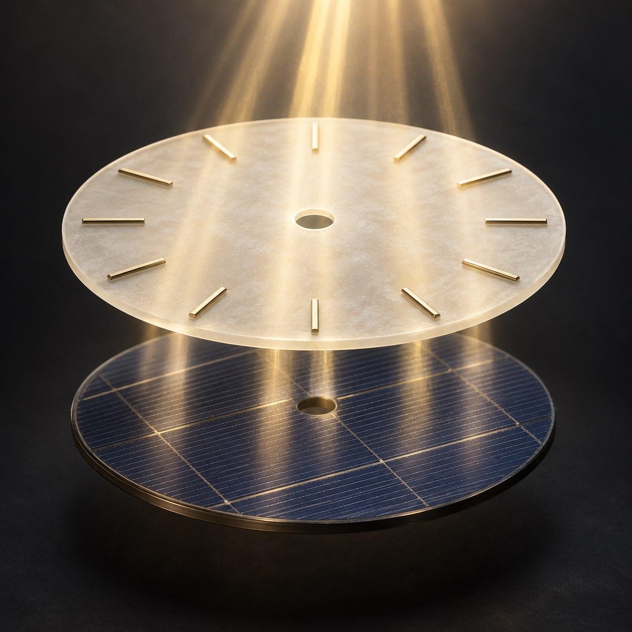 Concept illustration of light passing through a translucent ivory watch dial to a dark circular solar cell beneath it